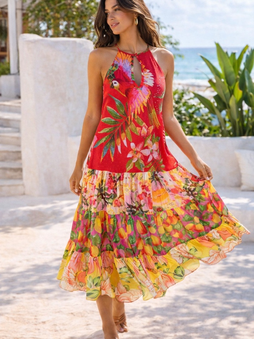 Farm Rio Red Parrot Macaw Tropical Midi Dress Tiered Keyhole XS